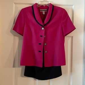 Amanda Smith 2-pc Linen Texture Lined Skirt Suit-Blue/Hot Pink